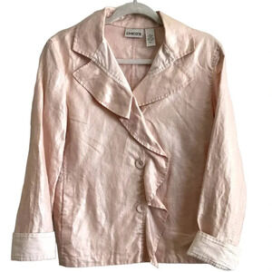 Chico's Womens size 1 US 8 M Soft Pink Button Down Ruffle Linen Jacket